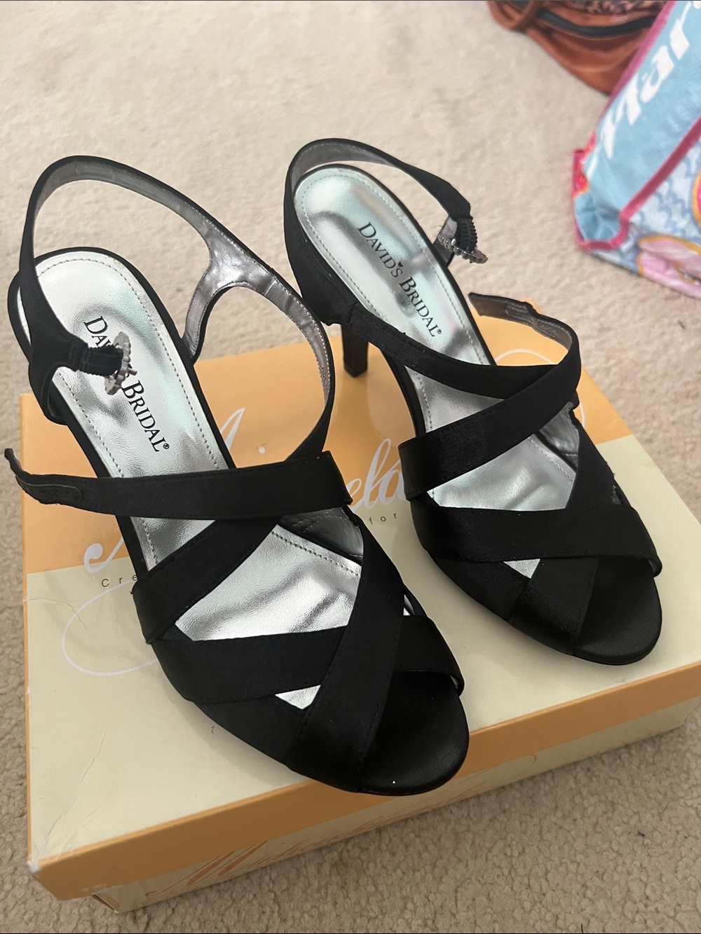 NWT David's Bridal Black Satin Crisscross Slingback Heels